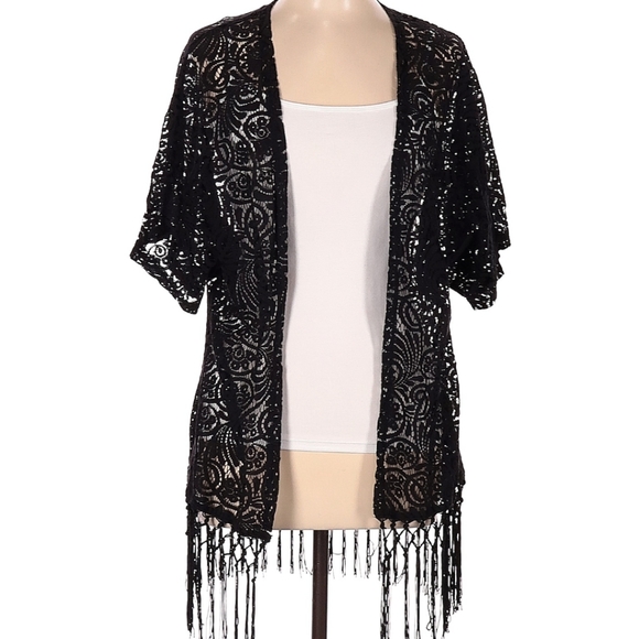 Vanity Sweaters - Vanity Black Lace Kimono with Fringe
